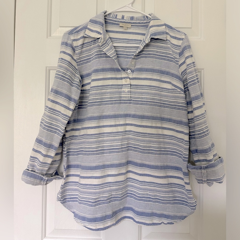 Women’s Talbots Blue and White Striped Button-Up 100% Cotton Top - Small